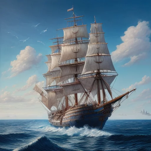 7468395841-higly detailed, majestic royal tall ship on a calm sea,realistic painting, by Charles Gregory Artstation and Antonio Jacobsen an.webp